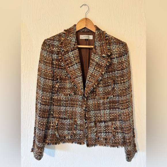 Vintage TAHARI Brown Wool Blend Tweed Plaid Knit Raw Hem Fringe Blazer Jacket - Picture 12 of 12